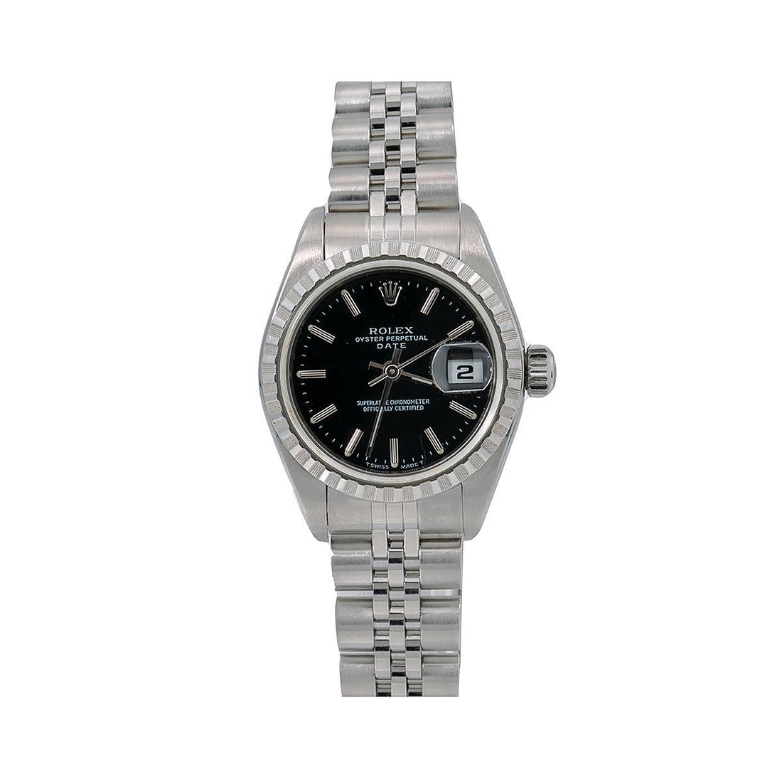 Rolex Date Black Dial Turned Bezel Stainless Steel Watch Front View