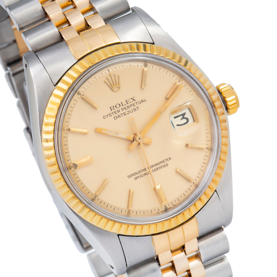 Rolex Datejust Champagne Dial Fluted Bezel Two Tone Jubilee Watch Front View