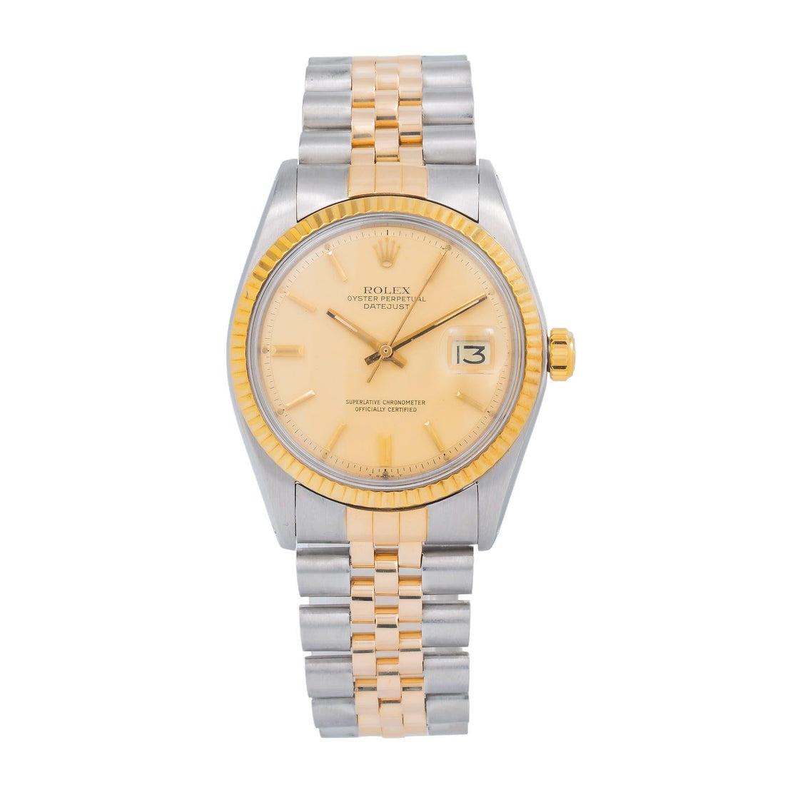 Rolex Datejust Champagne Dial Fluted Bezel Two Tone Jubilee Watch Front View