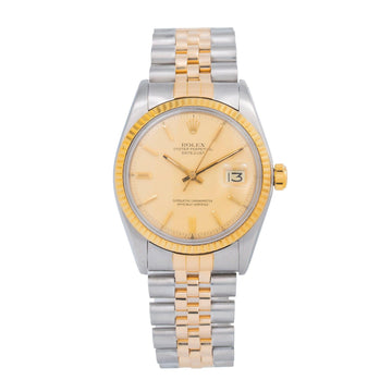 Rolex Datejust Champagne Dial Fluted Bezel Two Tone Jubilee Watch Front View