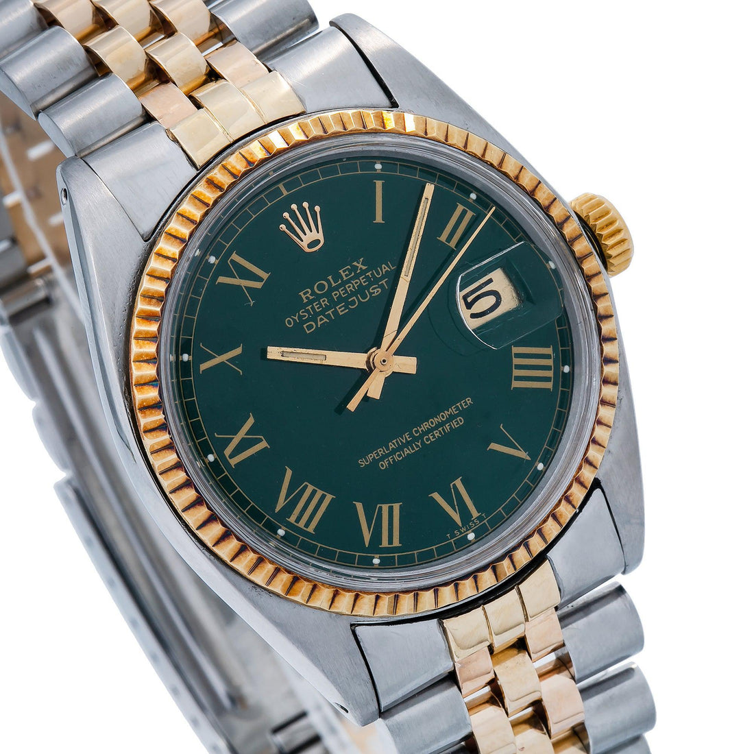 Rolex Datejust Green Dial Two Tone Steel Gold Jubilee Men’s Watch Front View
