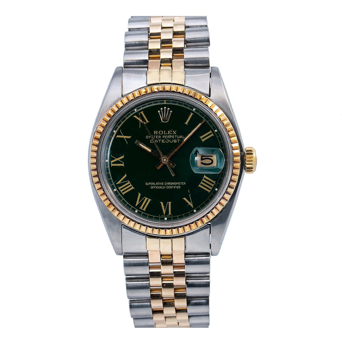 Rolex Datejust Green Dial Two Tone Steel Gold Jubilee Men’s Watch Front View