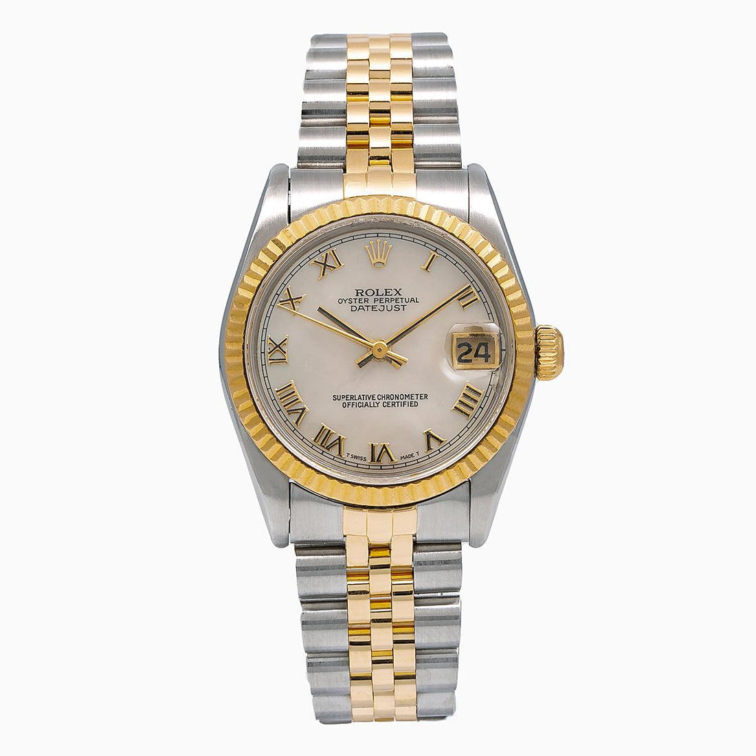 Rolex Datejust Roman Dial Fluted Bezel Two Tone Watch Front View