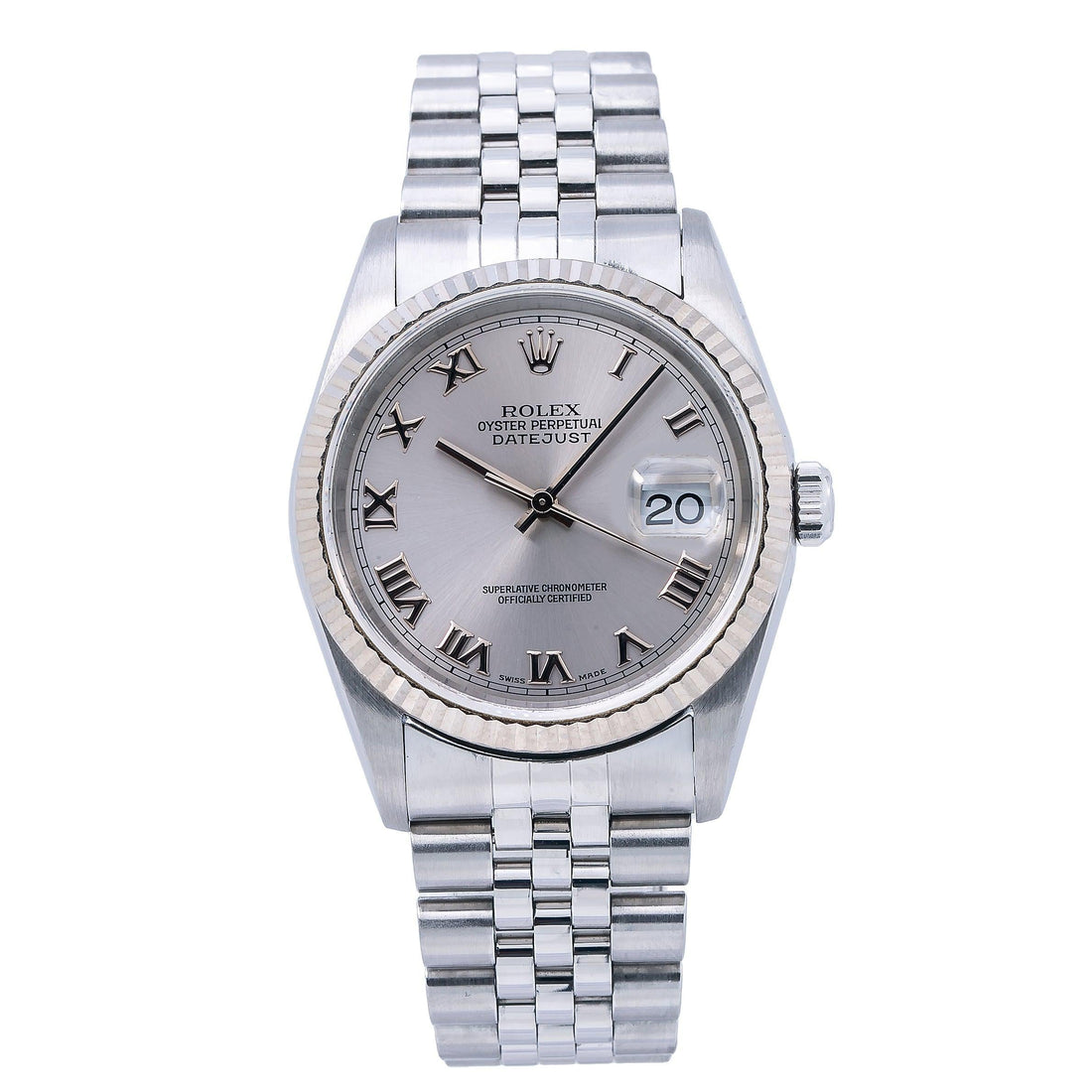 Rolex Datejust Silver Roman Dial Fluted Bezel Jubilee Watch Front View