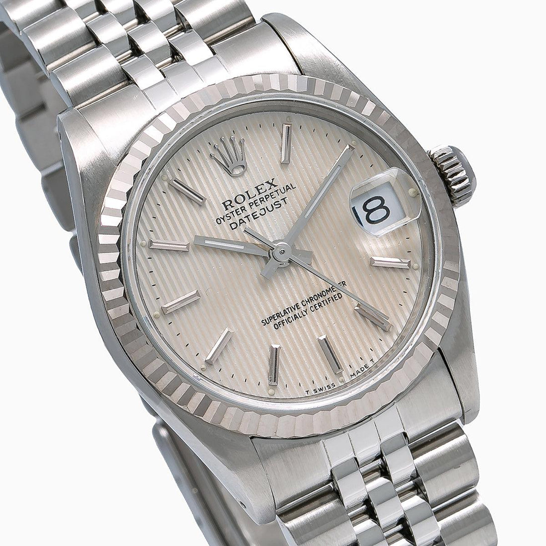 Rolex Datejust Silver Tapestry Stainless Steel Jubilee Watch Front View
