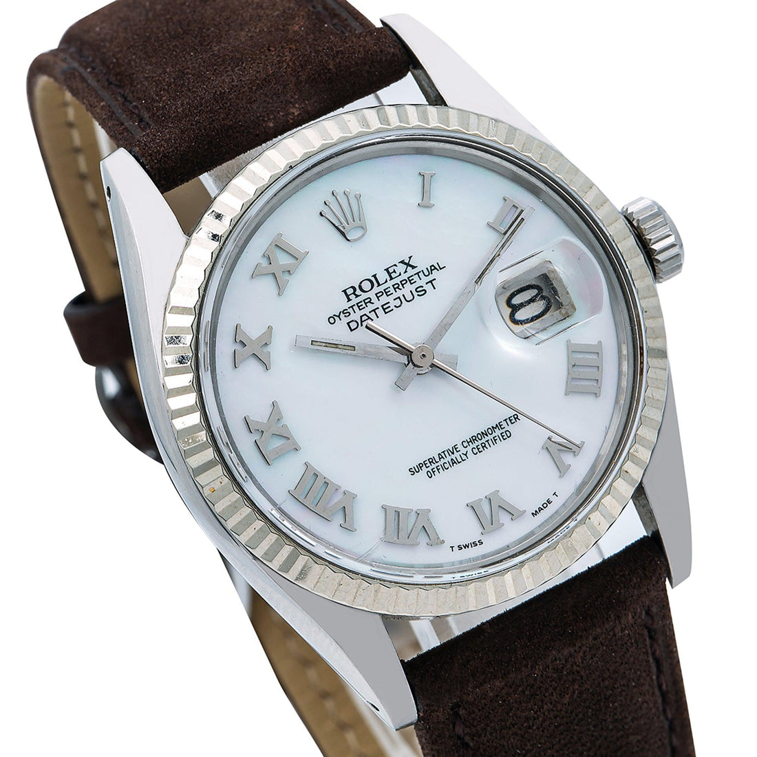 Rolex Datejust White Roman Dial Leather Strap Watch Front View