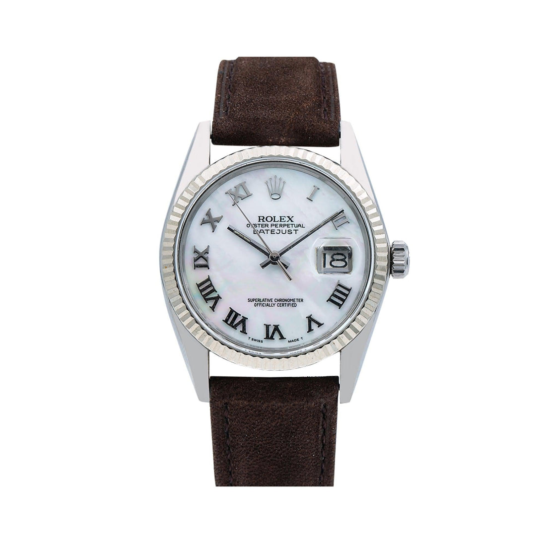 Rolex Datejust White Roman Dial Leather Strap Watch Front View