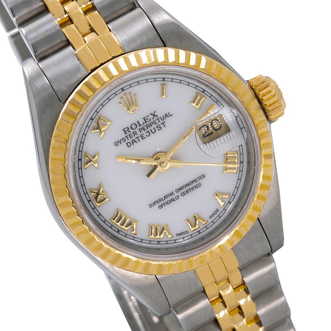 Rolex Datejust White Roman Dial Two Tone Watch Front View 