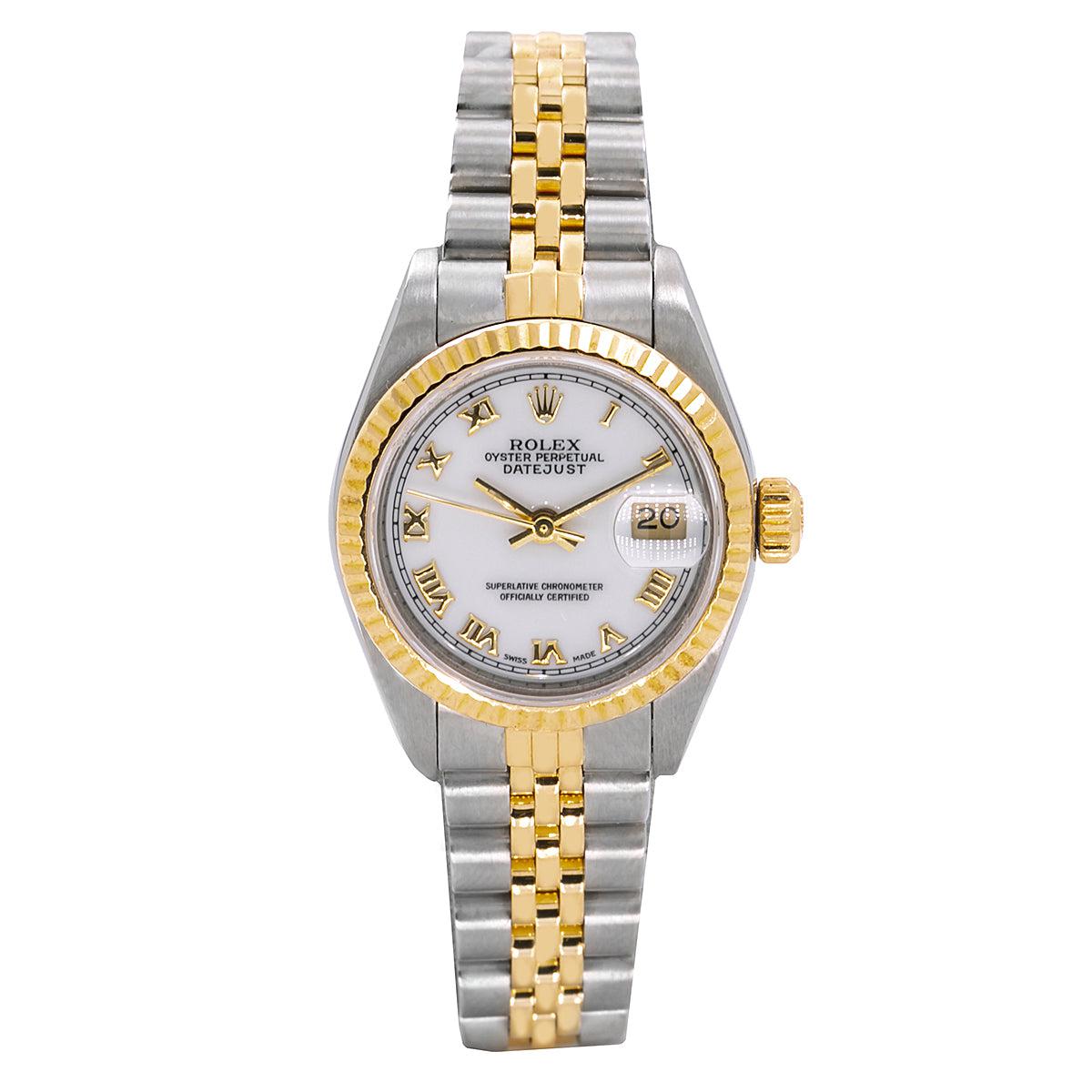 Rolex Datejust White Roman Dial Two Tone Watch Front View 