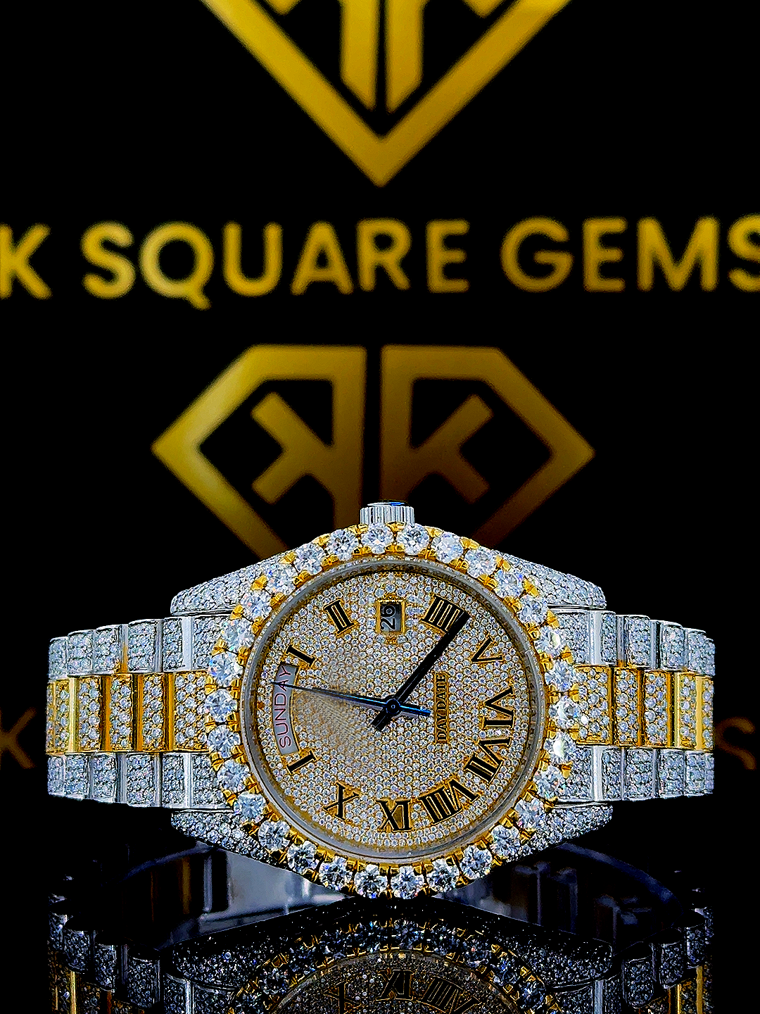 Rolex Day Date Two Tone Yellow Gold Moissanite Diamond Watch Front View