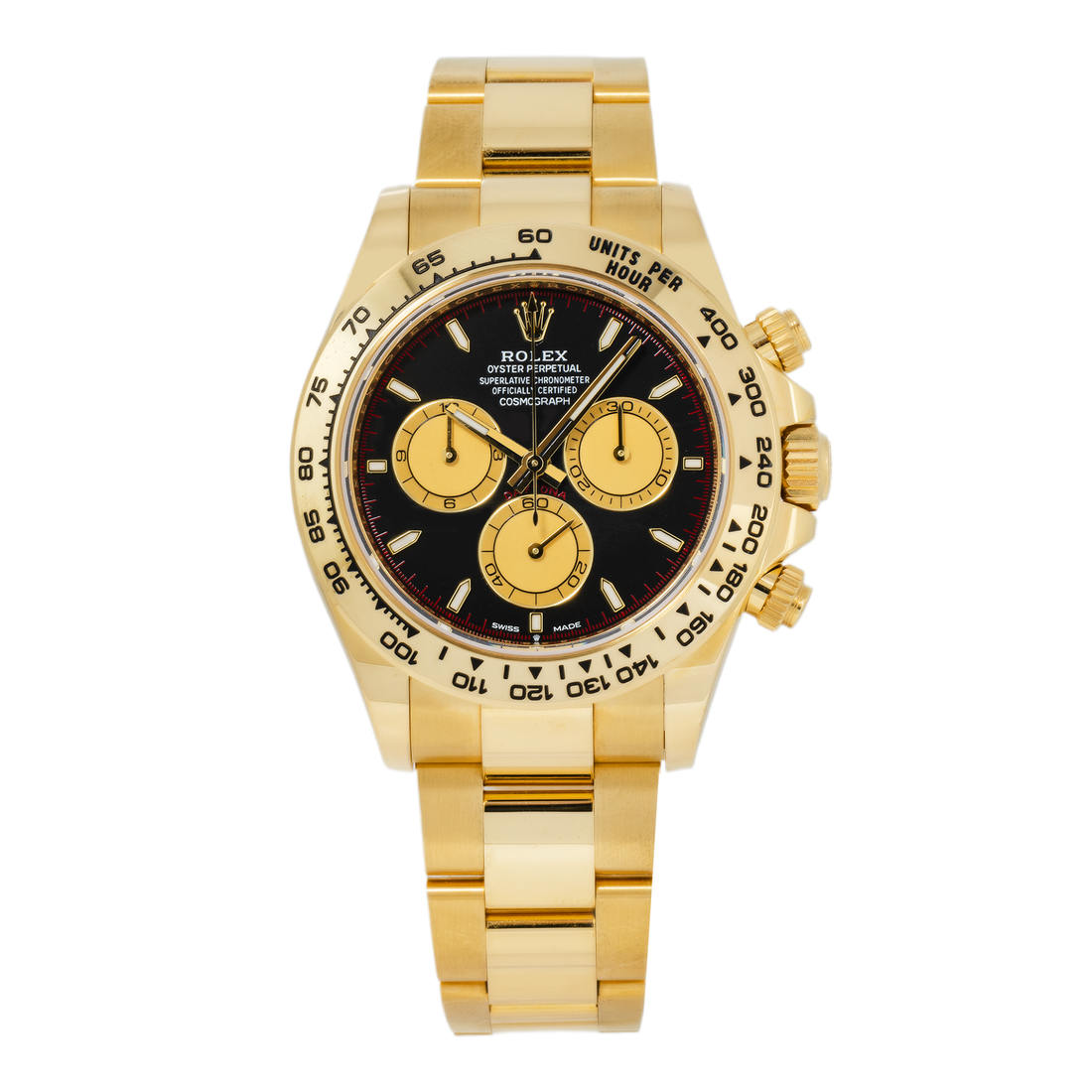 Rolex Daytona Black Dial With Yellow Metal Oyster Bracelet Watch Front View
