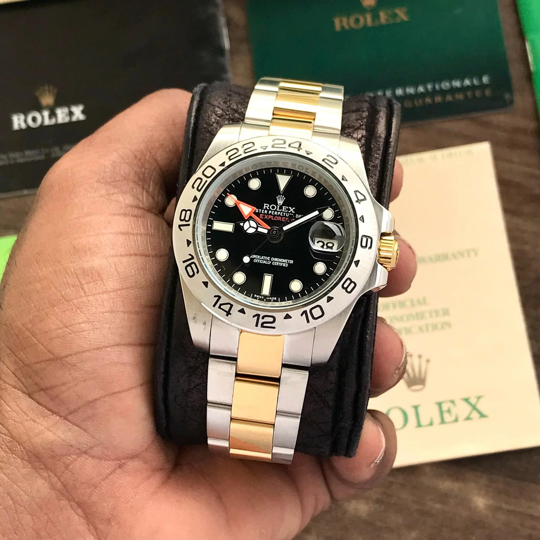 Rolex Explorer II Two Tone Black Dial Watch Front View