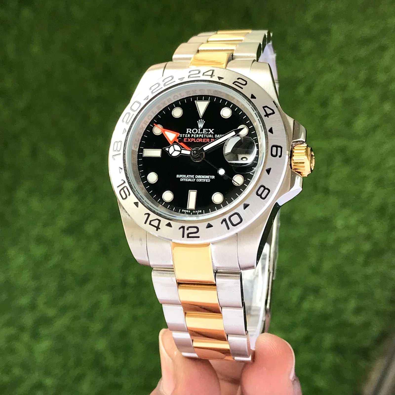 Rolex Explorer II Two Tone Black Dial Watch Front View
