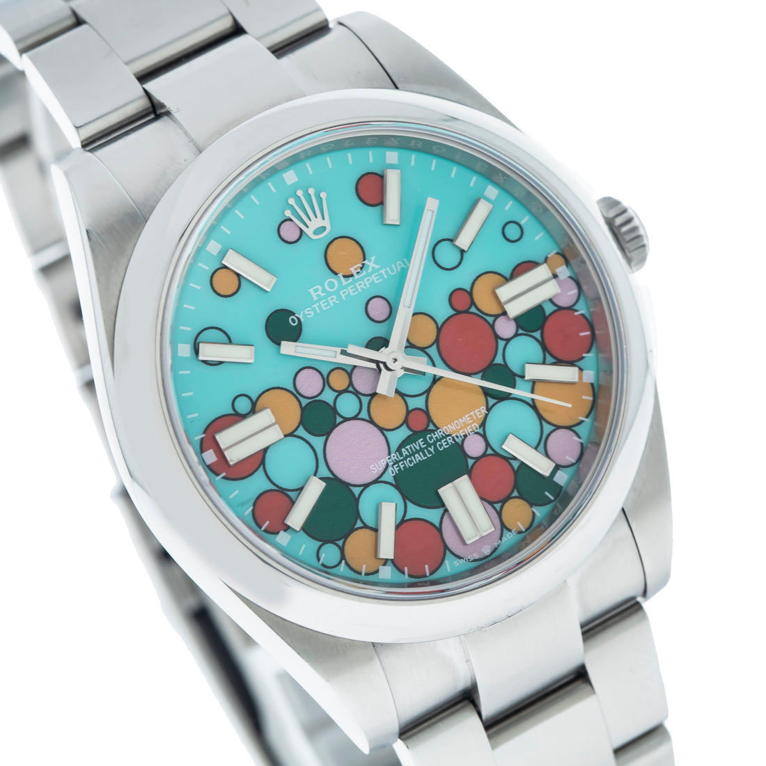 Rolex Oyster Perpetual Turquoise Celebration Dial Watch Front View