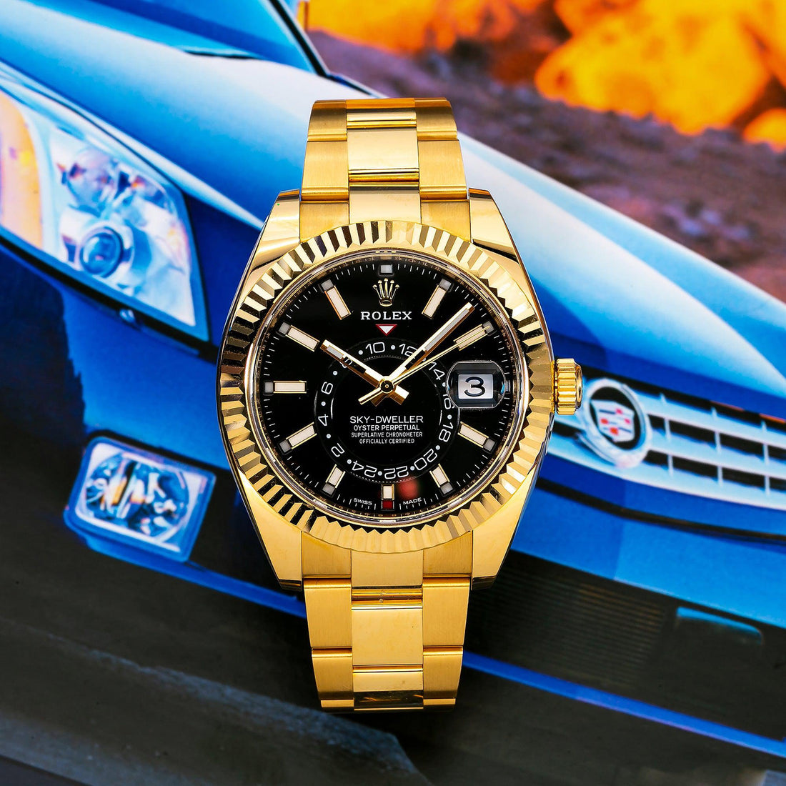 Rolex Sky-Dweller Black Dial Yellow Metal Watch Front View