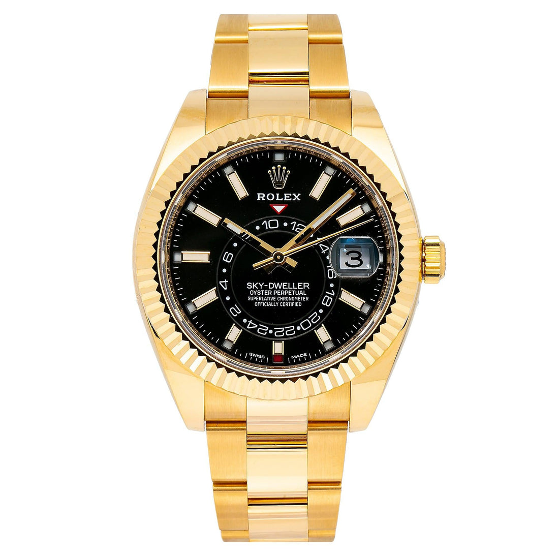 Rolex Sky-Dweller Black Dial Yellow Metal Watch Front View