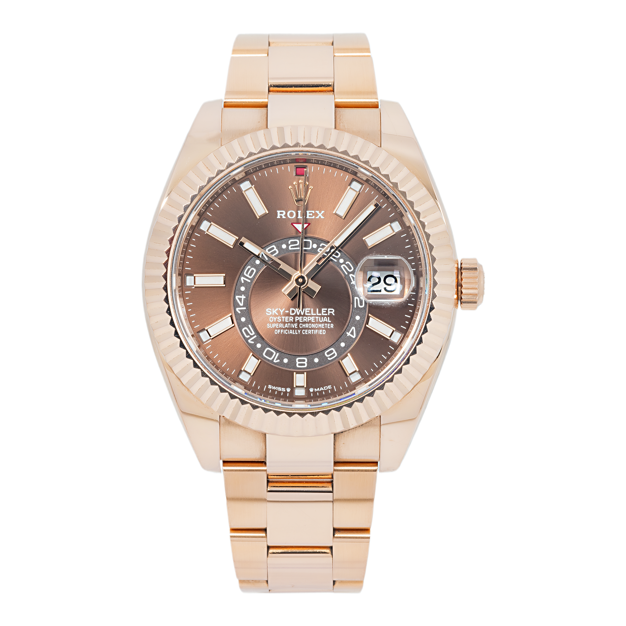 Rolex Sky-Dweller Brown Dial With Rose Metal Oyster Bracelet Front View