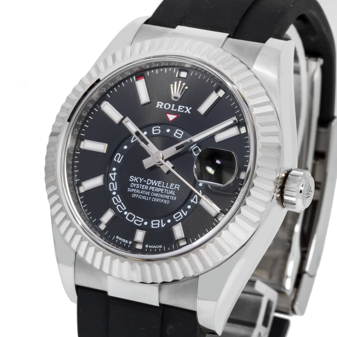 Rolex Sky-Dweller Metal Bezel Black Index Dial Watch Front View