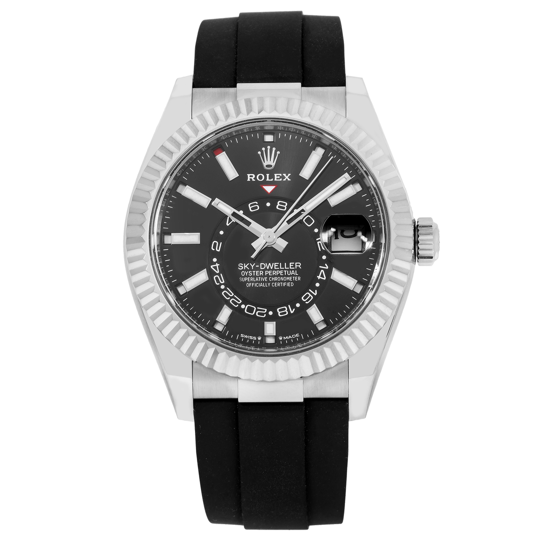 Rolex Sky-Dweller Metal Bezel Black Index Dial Watch Front View