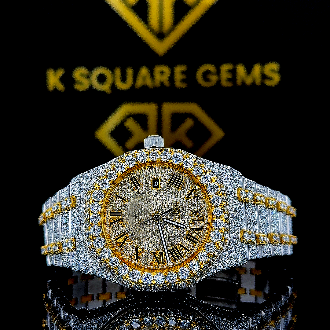 Roman AP Yellow Gold Moissanite Diamond Front View 