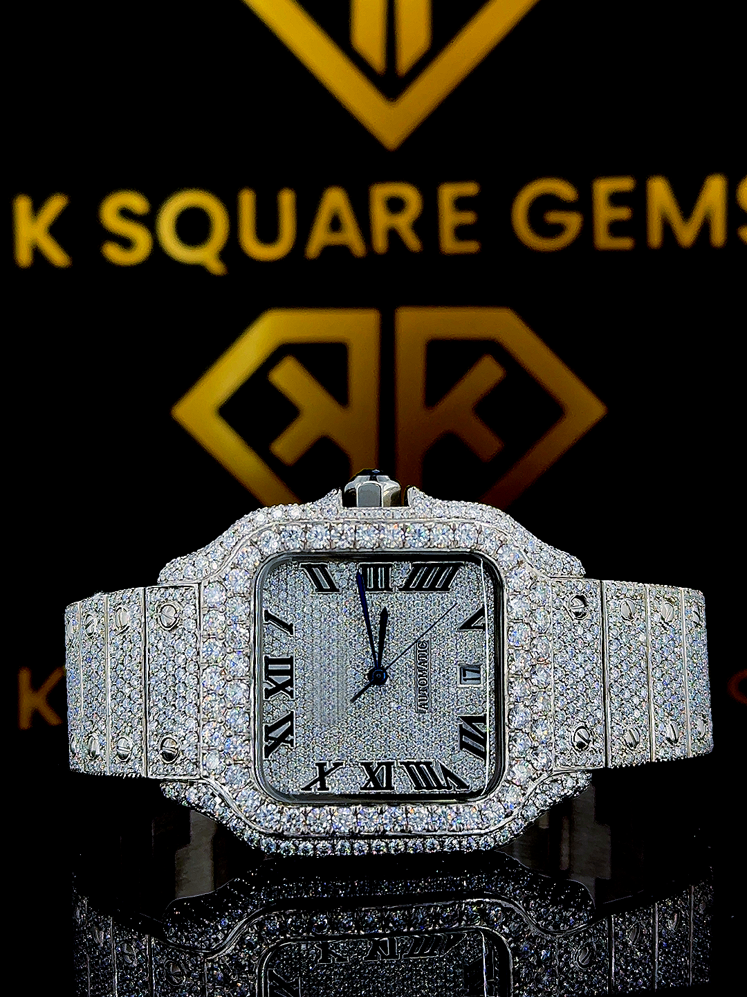Roman Numeral Santos De Cartier White Gold Moissanite Diamond Watch Front View 