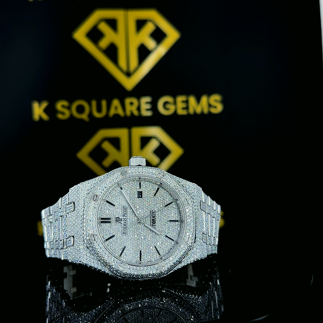 Royal Oak Full Iced Out Black Stick Dial Moissanite Diamond Watch Front View 