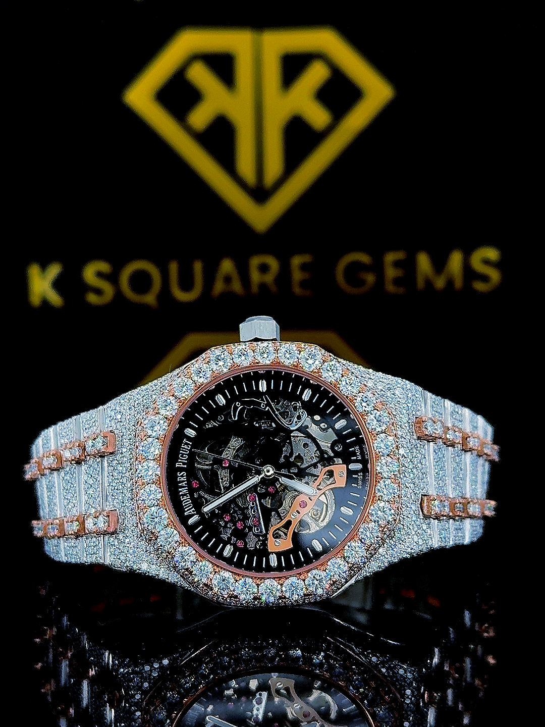 Royal Oak Two Tone Iced Out Skeleton Dial Moissanite Watch Front Side View