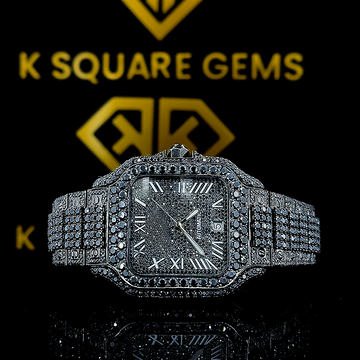 Santos De Cartier Full Black Roman Dial Moissanite Diamond Watch Front View
