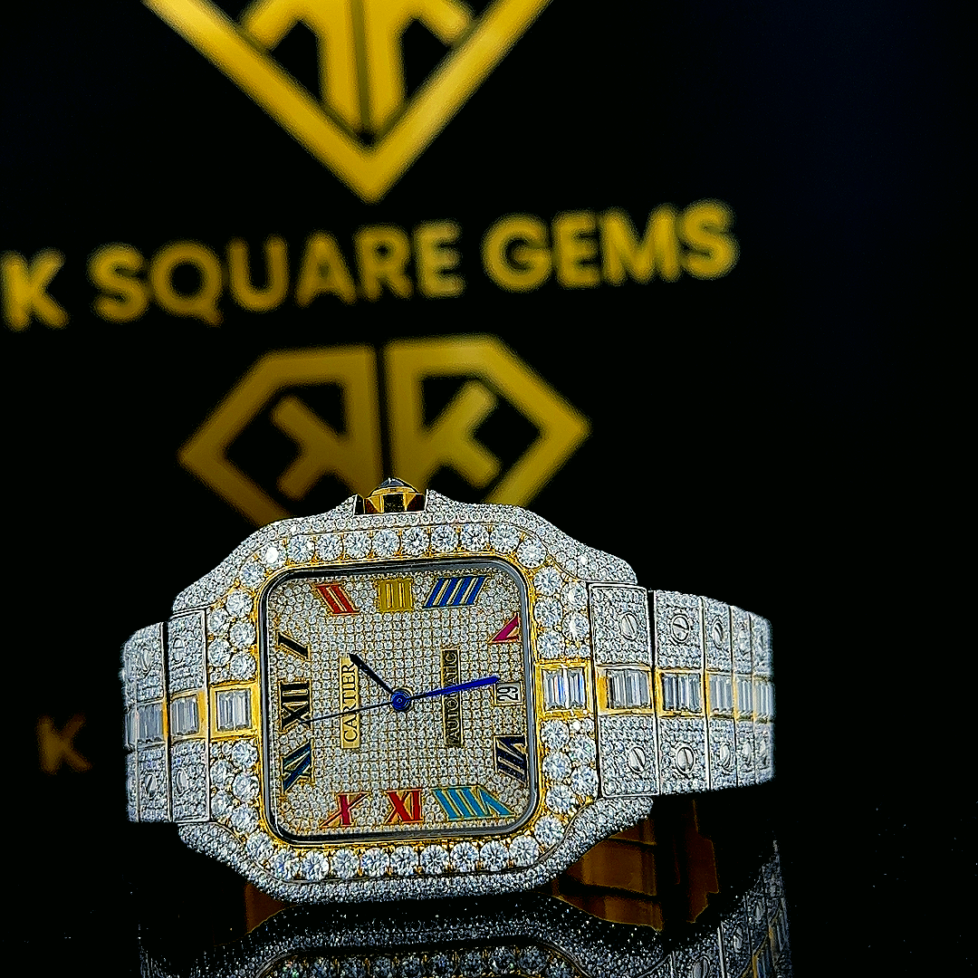 Santos De Cartier Rainbow Roman Dial Moissanite Diamond Watch Front View