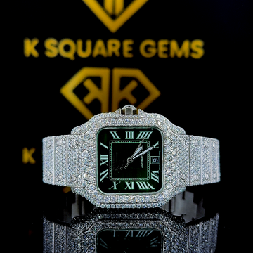Santos Green Face Iced Out Moissanite Diamond Watch Front View
