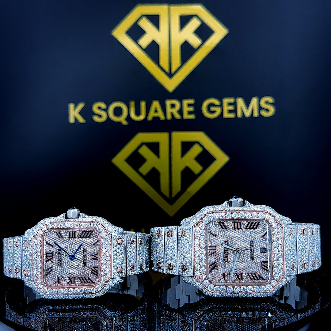 Santos de Cartier Rose Gold Couple Set Moissanite Diamond Watch Front View