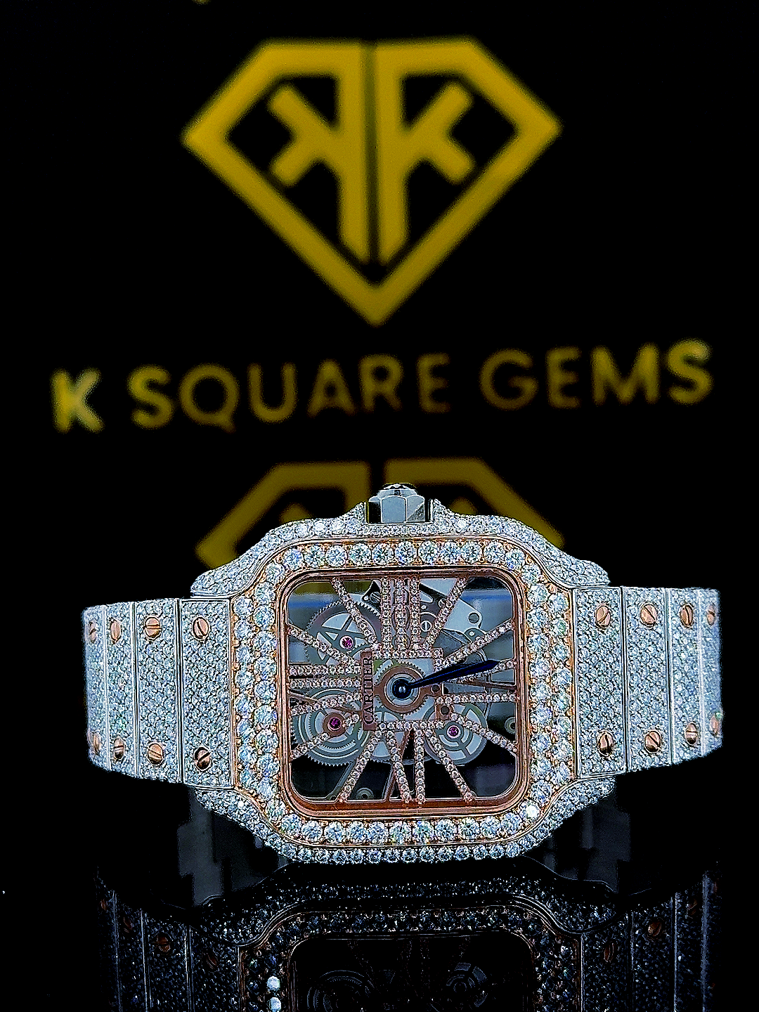 Skeleton Dial  Cartier Two Tone Iced Out Moissanite Diamond Watch Front View