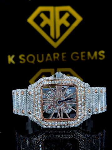 Skeleton Dial  Cartier Two Tone Iced Out Moissanite Diamond Watch Front View