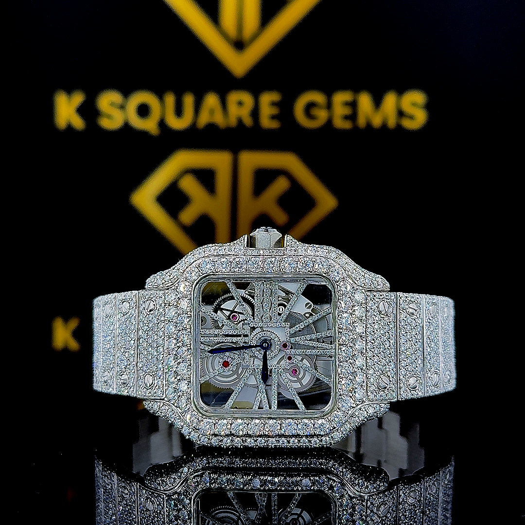 Skeleton Santos Cartier Iced Out Moissanite Diamond Front View 