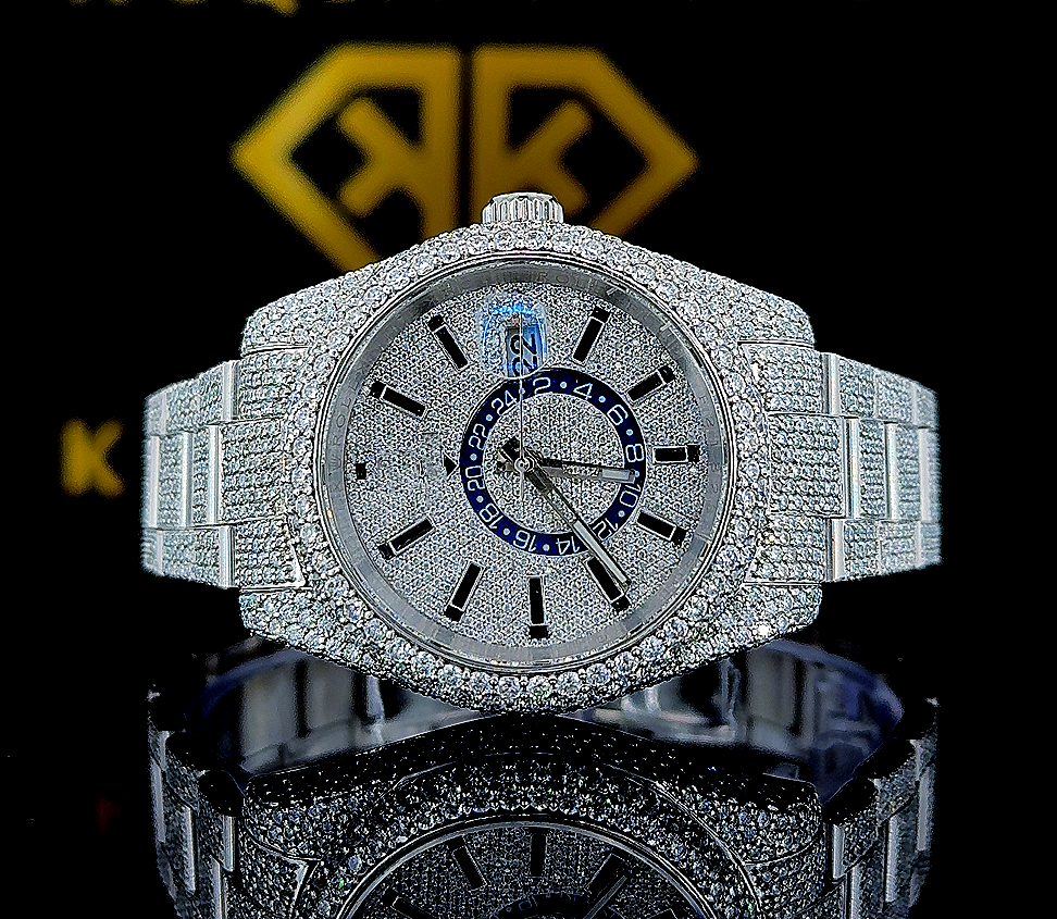 Sky Dweller Rolex Iced Out Moissanite Diamond Watch Front View