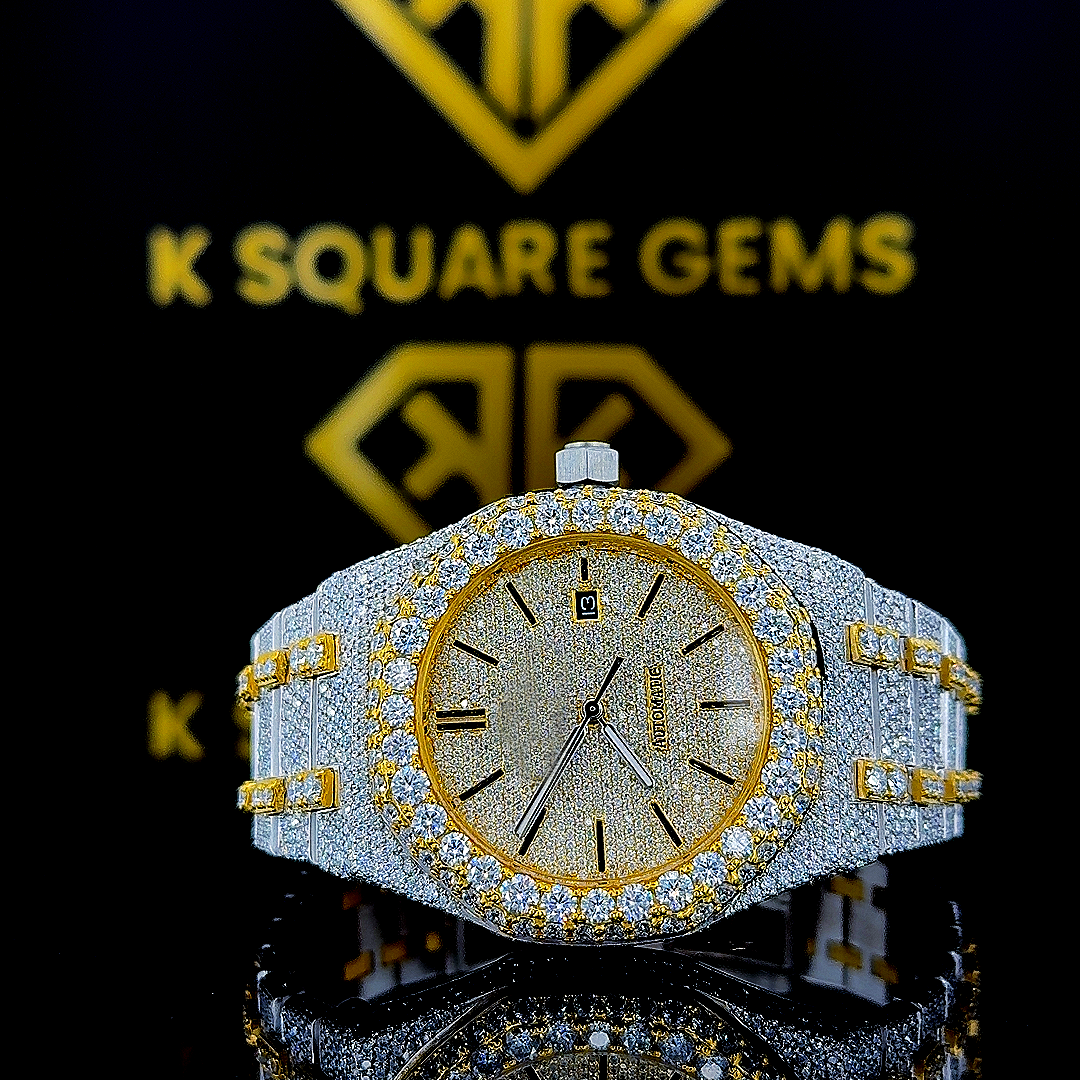 Two Tone AP Yello Gold Moissanite Diamond Watch Front View