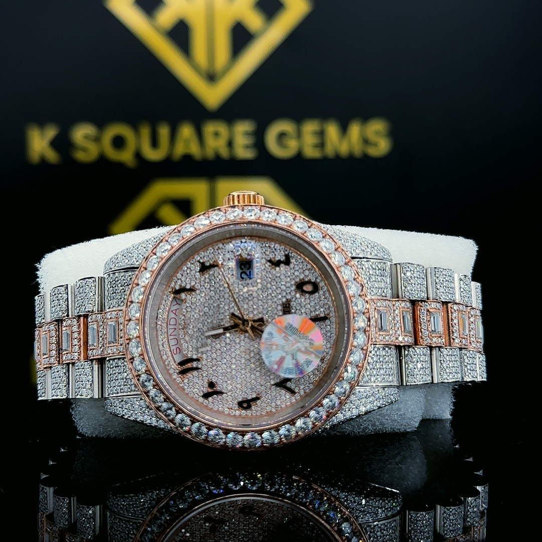 Two Tone Arabic Rolex Rose Gold Moissanite Diamond Watch Front View