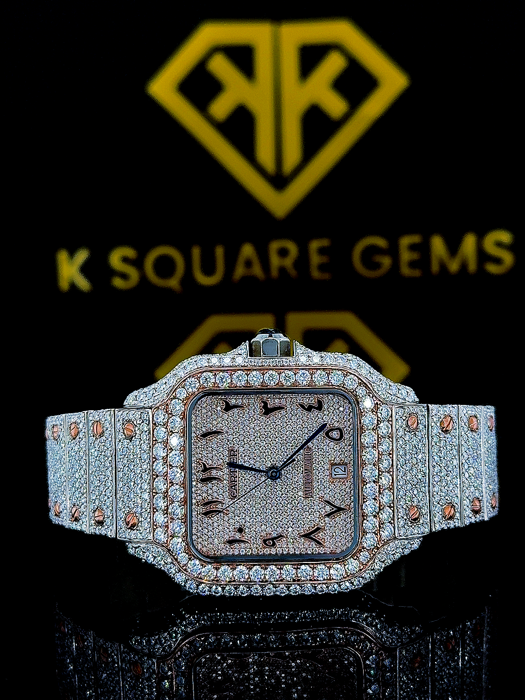 Two Tone Cartier Rose Gold Arabic Dial Moissanite Diamond Watch Front View
