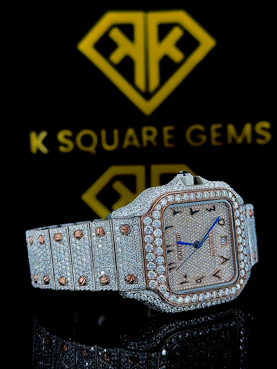 Two Tone Cartier Rose Gold Arabic Dial Moissanite Diamond Watch Front View