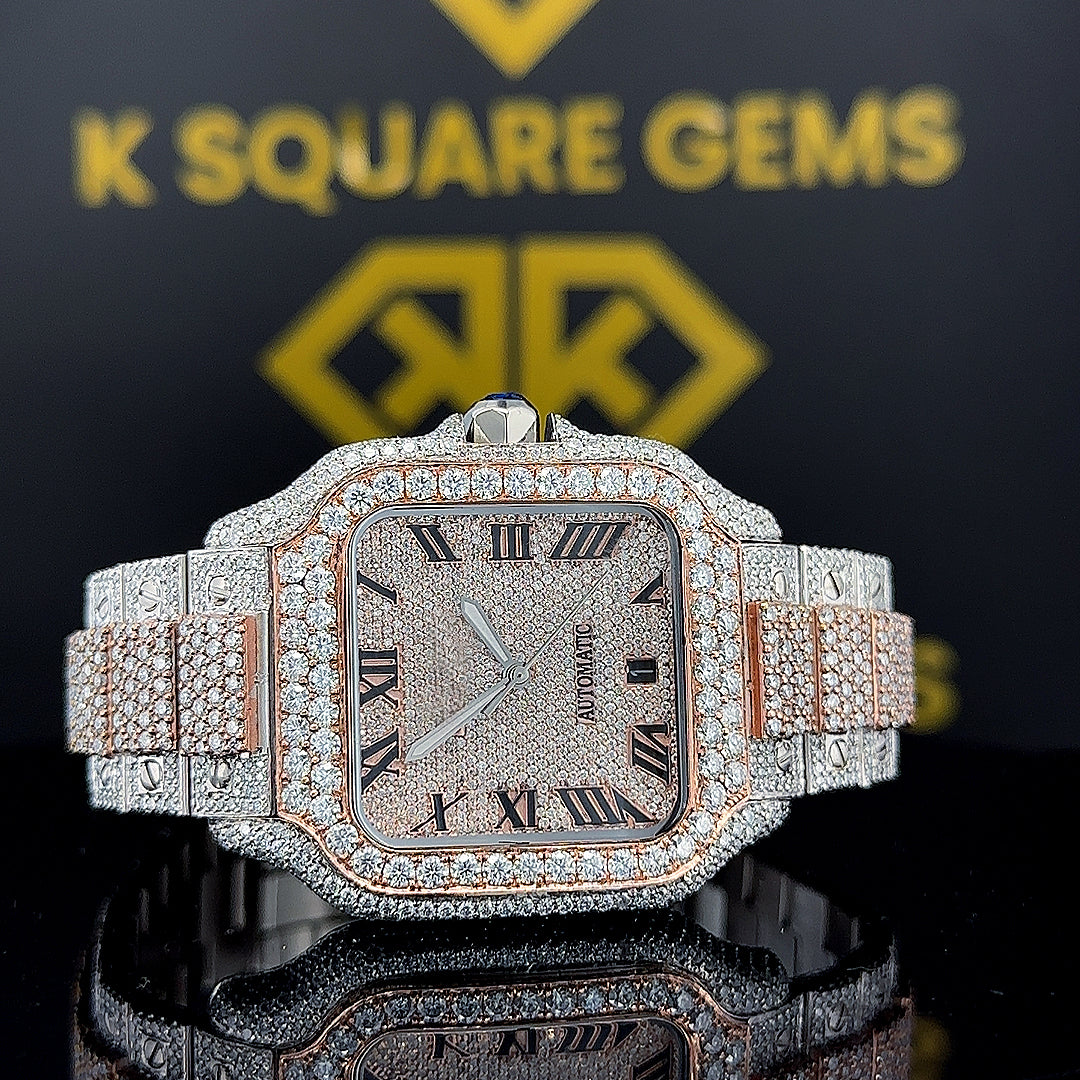 Two Tone Diamond Studded Cartier Moissanite Diamond Watch Front View