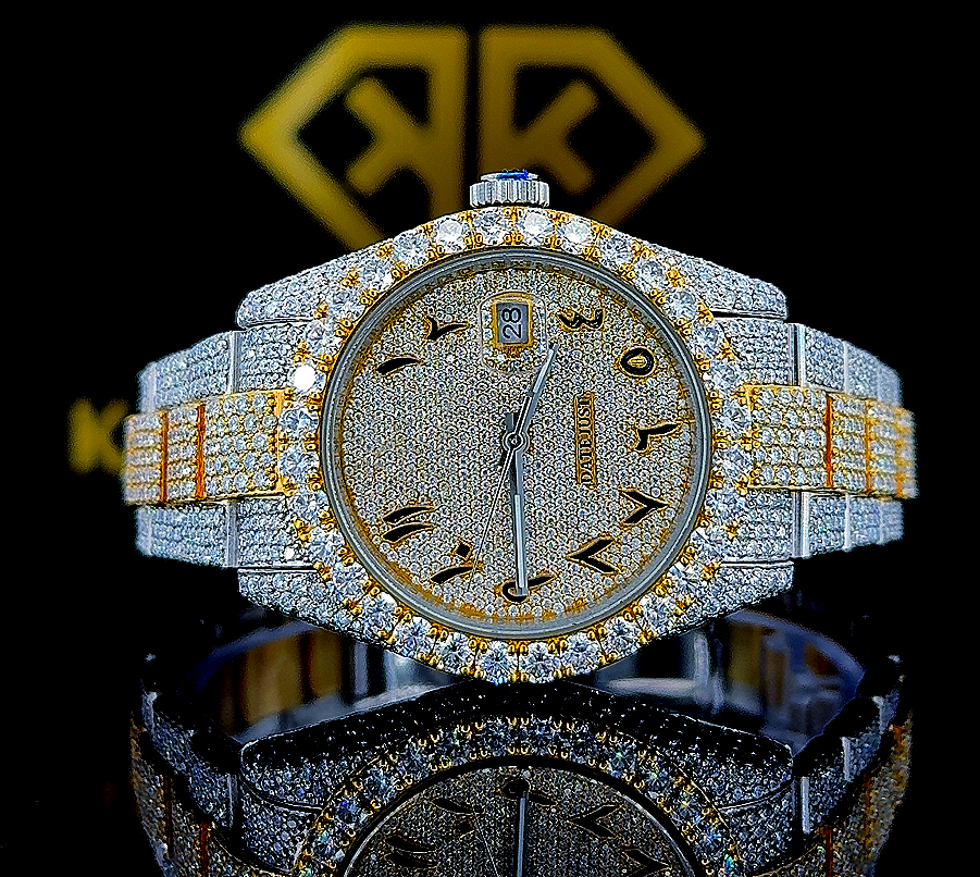 Two Tone Rolex Arabic Dial Yellow Gold Moissanite Diamond Watch Front View