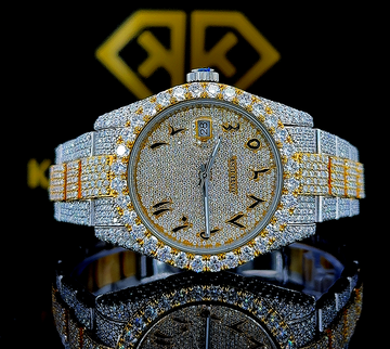 Two Tone Rolex Arabic Dial Yellow Gold Moissanite Diamond Watch Front View