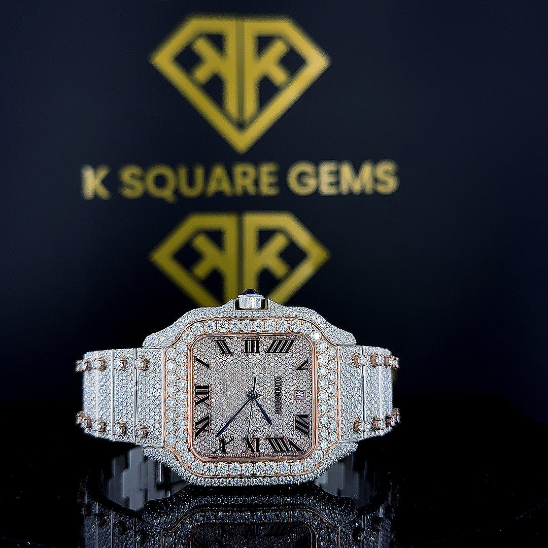 Front View Dial of Two Tone Rose Gold Cartier Moissanite Diamond Watch with Roman Dial