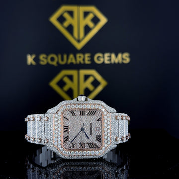 Front View Dial of Two Tone Rose Gold Cartier Moissanite Diamond Watch with Roman Dial