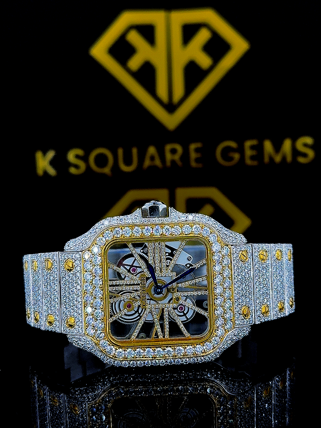Two Tone Yellow Gold Cartier Skeleton Dial Moissanite Diamond Watch Front View