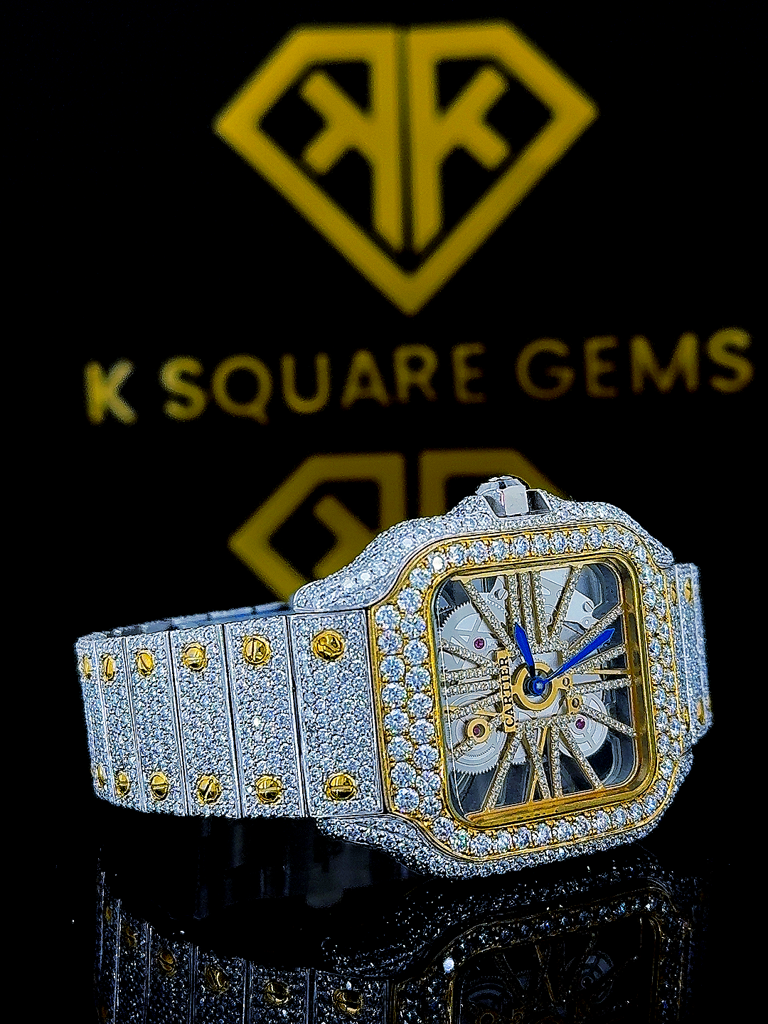 Two Tone Yellow Gold Cartier Skeleton Dial Moissanite Diamond Watch Front View
