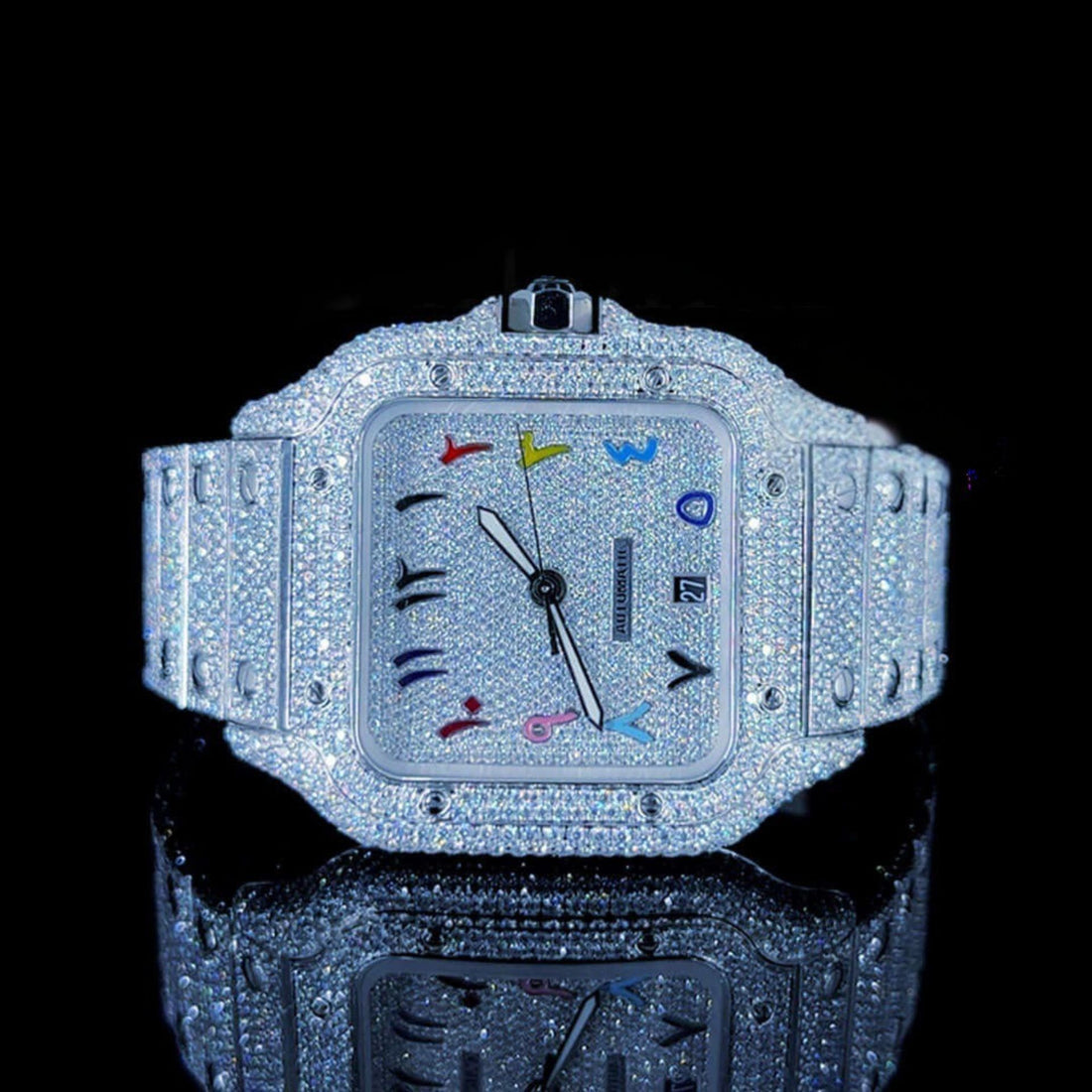 VVS Moissanite Cartier Rainbow Dial Iced Out Watch Front Close View