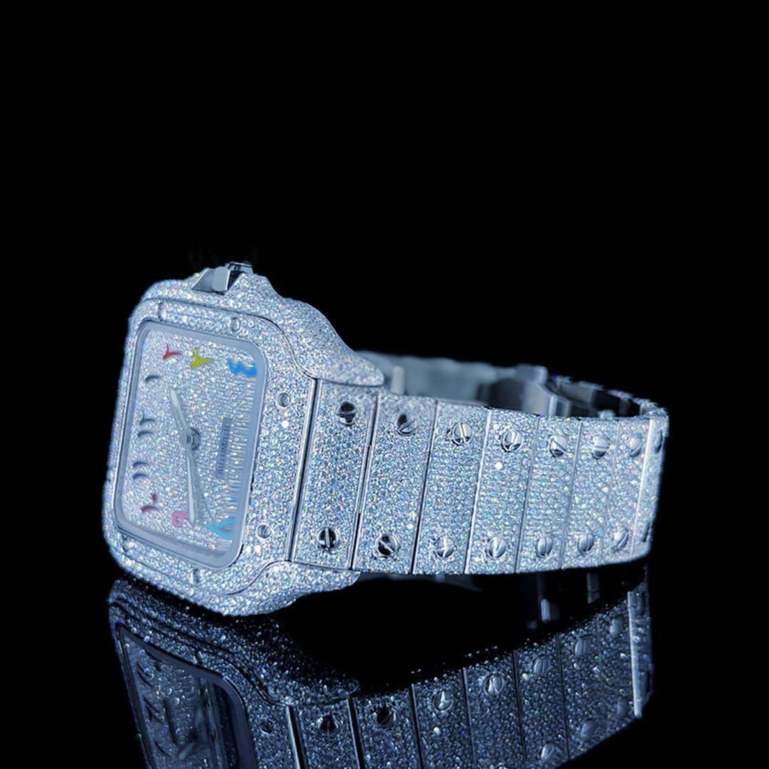 VVS Moissanite Cartier Rainbow Dial Iced Out Watch Front Close View