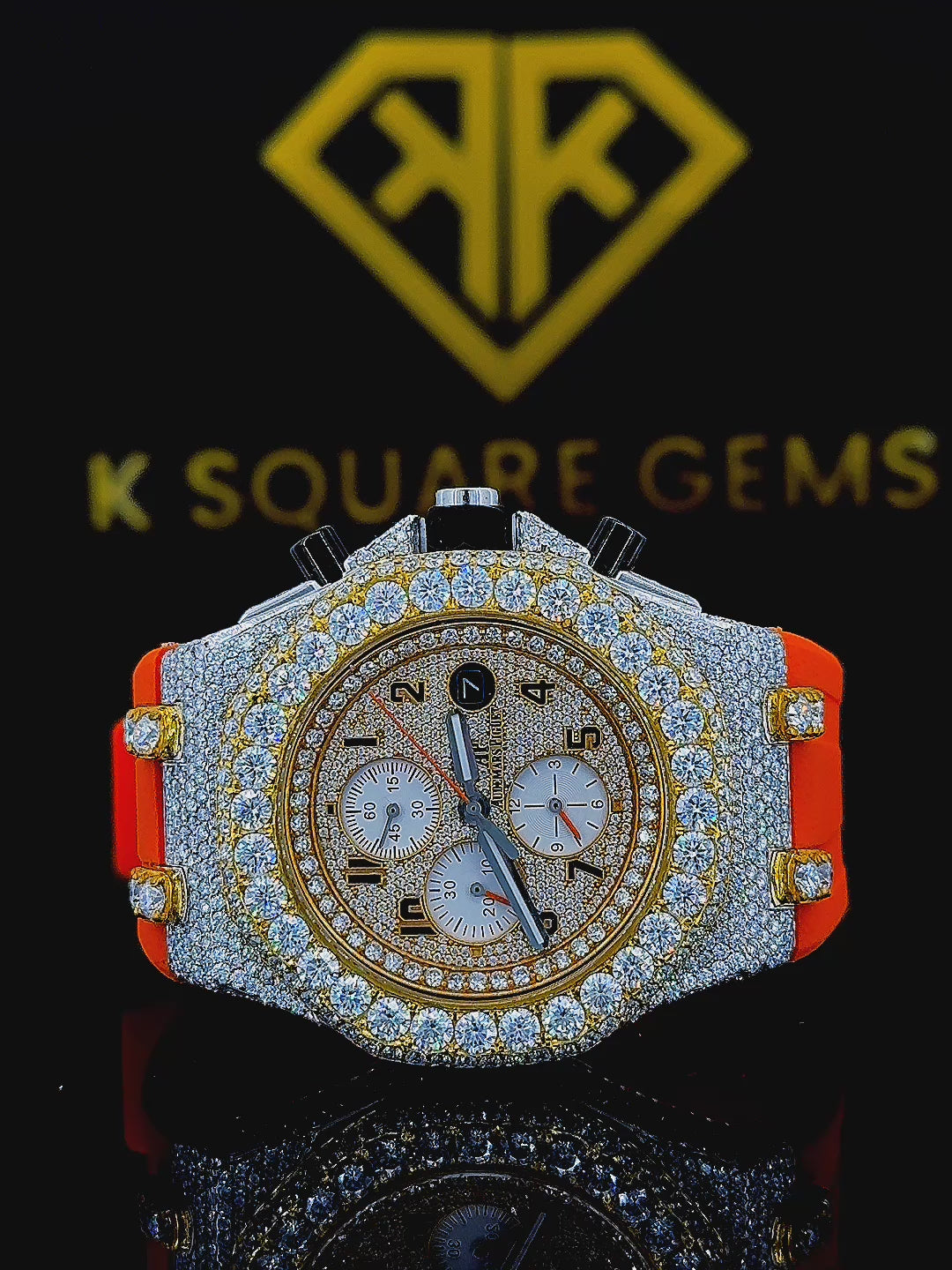 AP Chronograph Orange Rubber Strap Moissanite Diamond Watch