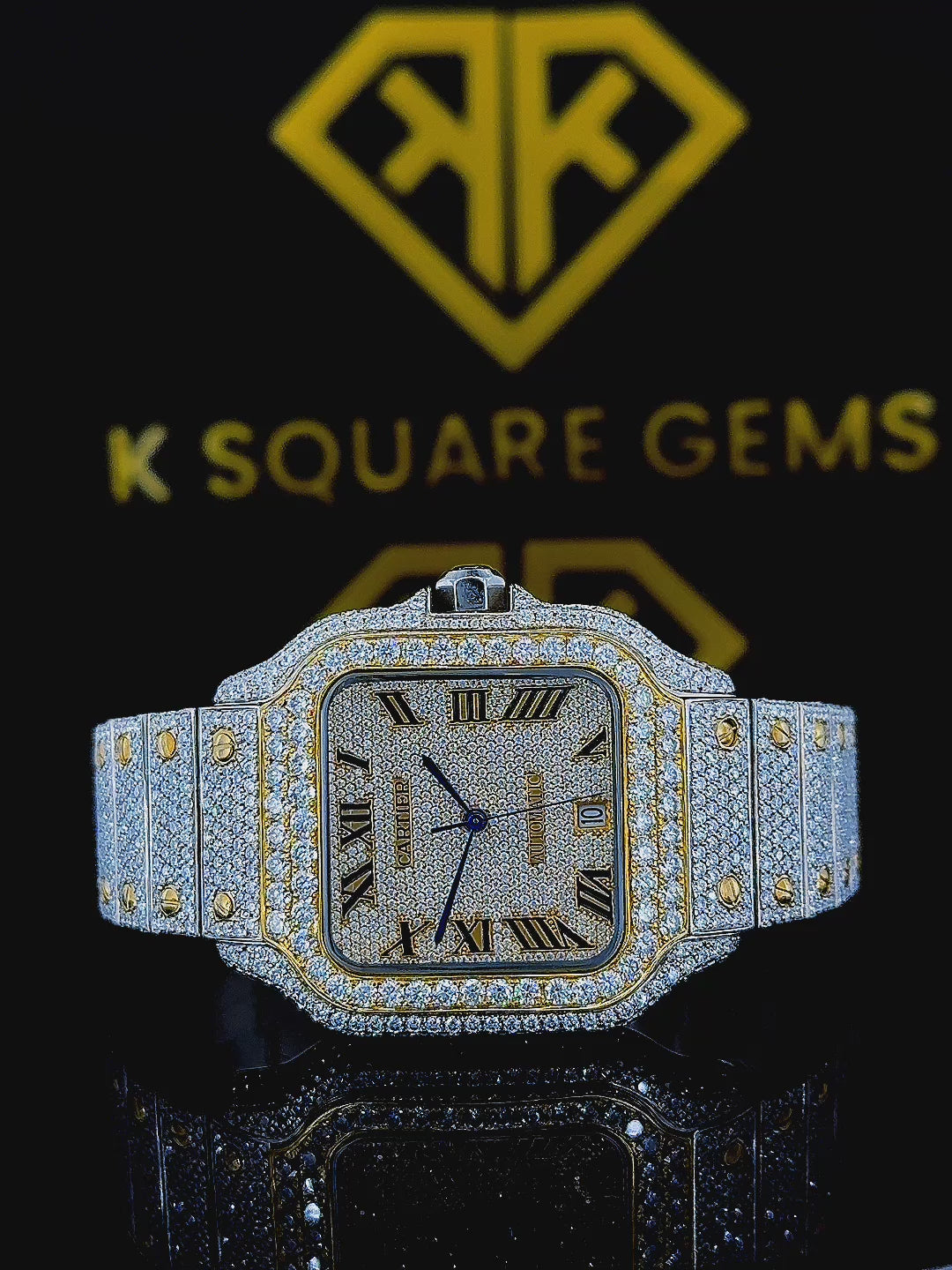 Cartier Roman Numerals Dial Two Tone Iced Out Moissanite Diamond Watch